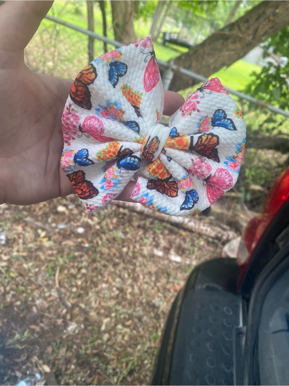 Butterfly Print Bow nylon bow for Kids - White with Pink, Blue, Orange Accents